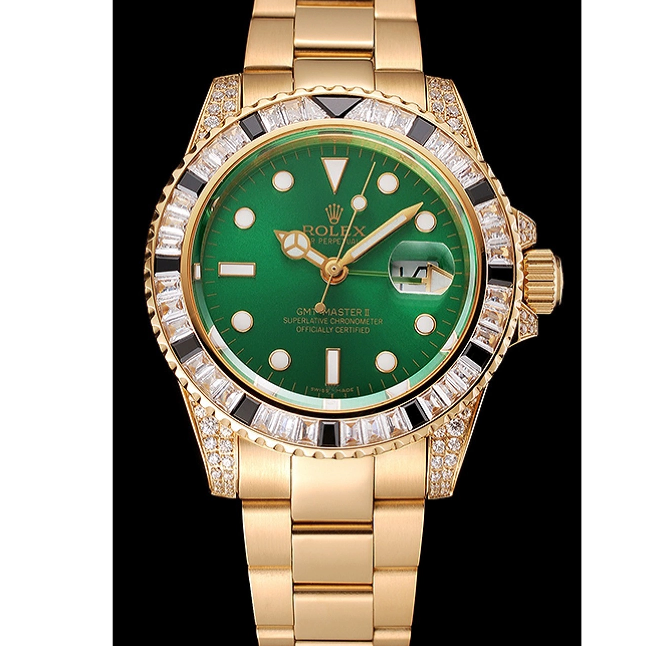 Aaa replica watch Master Bracelet Stone Case Set Swiss Rolex 1453748 GMT II Green Bezel Gold And Dial 0723